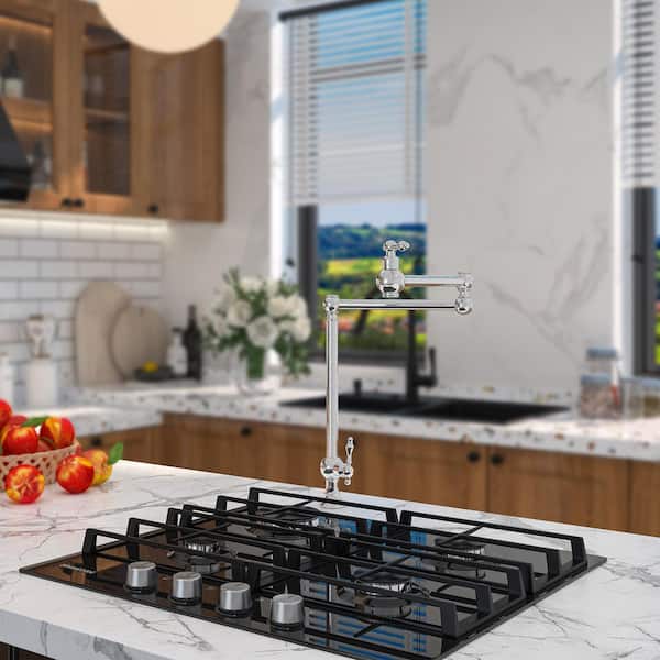 Single Hole Two Handles High Arc Pot Filler Deck Mount Kitchen Pot Filler Faucet with Accessories in Chrome