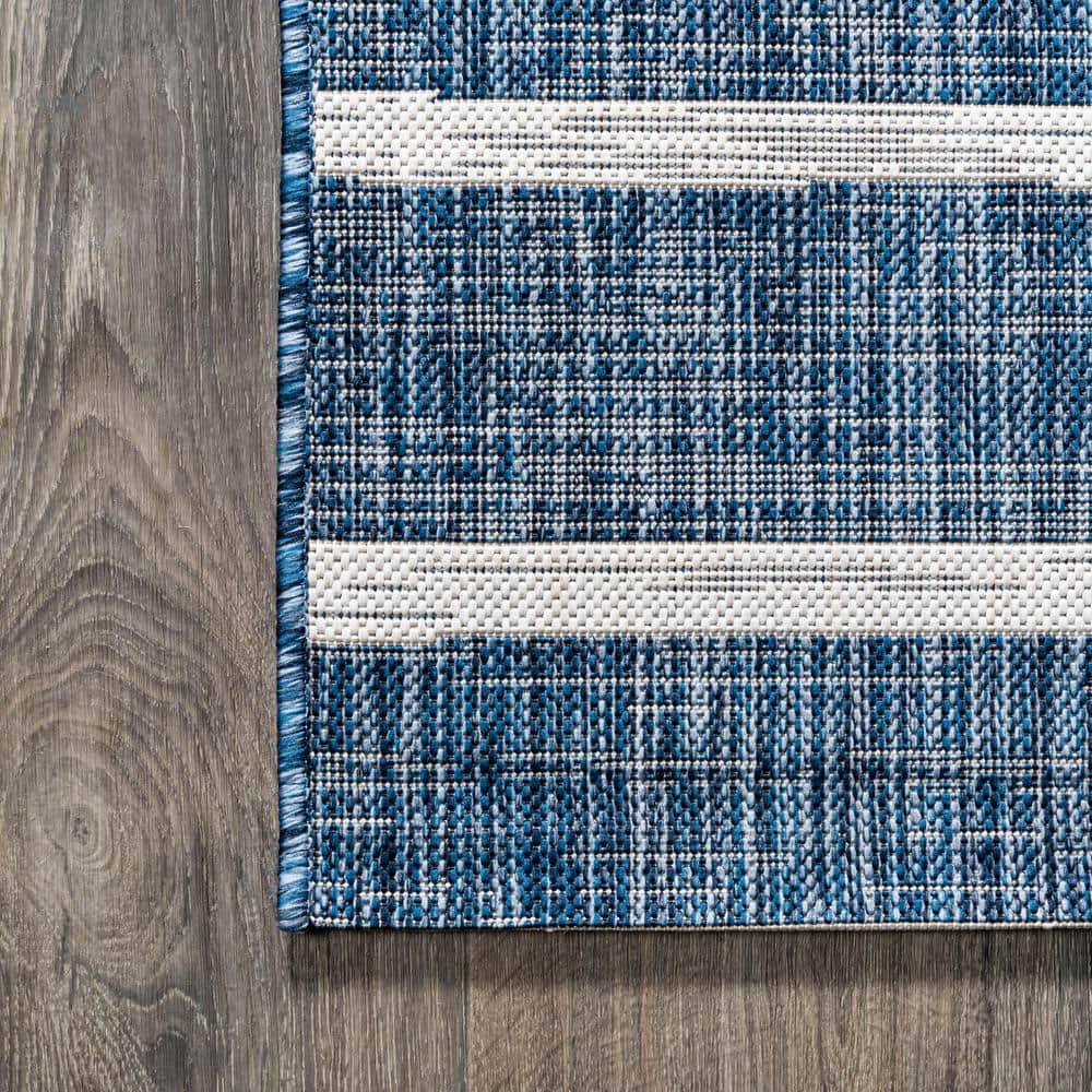 Blue and Ivory Striped Synthetic Reversible Area Rug