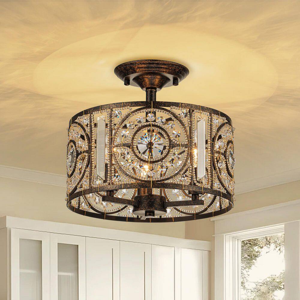 11.9 in. 3-Light Antique Rust Semi-Flush Mount Farmhouse Vintage Drum Ceiling Light with Crystal Accent for Foyer price history on PriceWatchPro