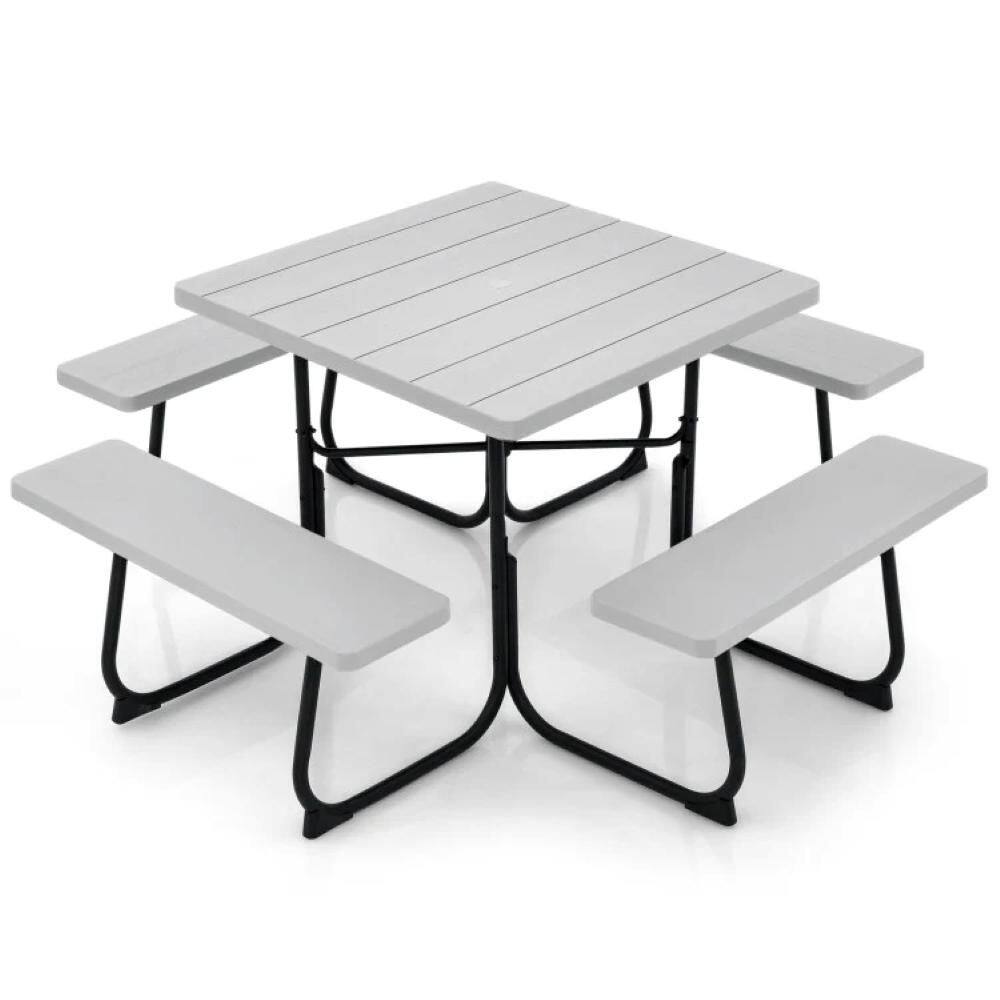 8-Person Square Picnic Table with 4 Built-in Benches, Umbrella Hole, HDPE T