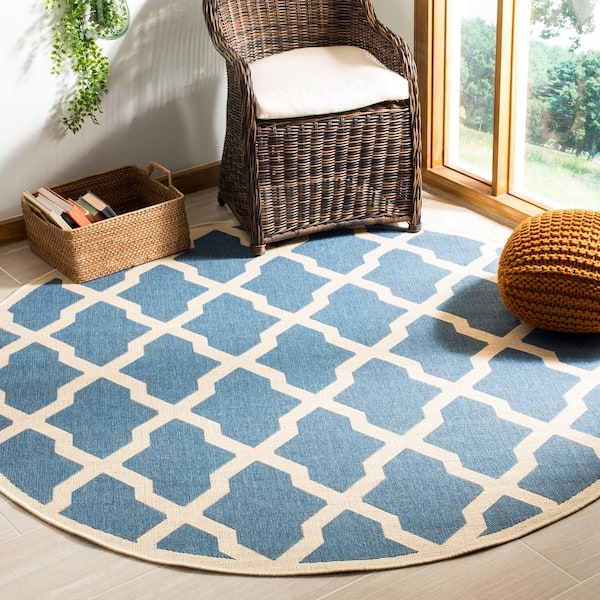 Linden Blue/Cream 7 ft. x 7 ft. Round Geometric Diamonds Border Area Rug