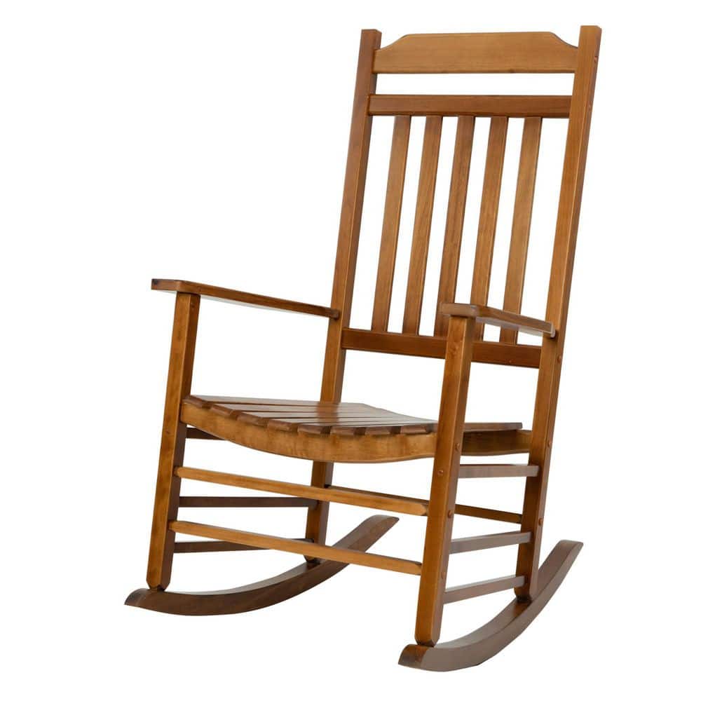 Natural Wood High Back Slat Outdoor Rocking Chair with Arms