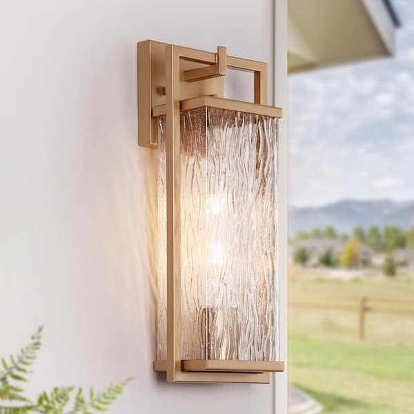 Modern Dark Gold Hardwired Wall Lantern Sconce with Textured Glass Shade Outdoor Wall Mount Light Garden Patio Wall Lamp