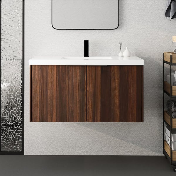 Staykiwi 36 in. W x 18 in. D x 20 in. H Floating Bathroom Vanity in California Walnut with Resin Vanity Top and White Basin