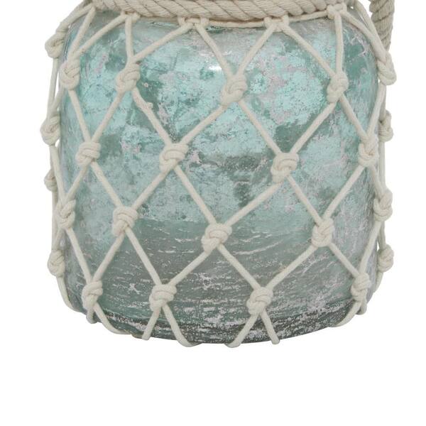15 in. H Blue Glass Decorative Candle Lantern with Rope Handle
