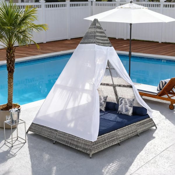 Unbranded Gray Wicker Outdoor Day Bed with Blue Cushions, Tent Shape Outdoor Sunbed