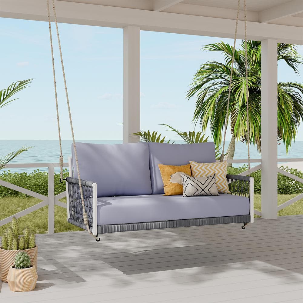 2-Person White Metal Patio Swing with Gray Cushions, Gray Rope