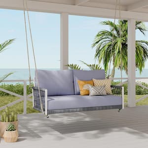 2-Person White Metal Patio Swing with Gray Cushions, Gray Rope