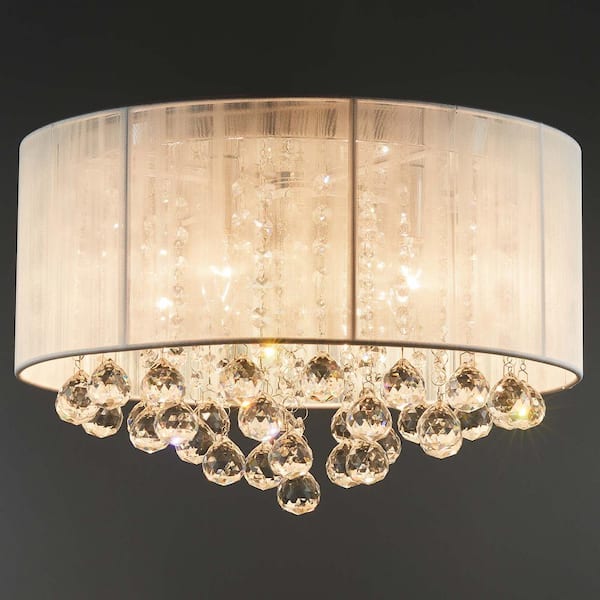 16 in. 4-Lights Chrome Crystal Chandelier Flush Mount Fixture with White Coiled Shade