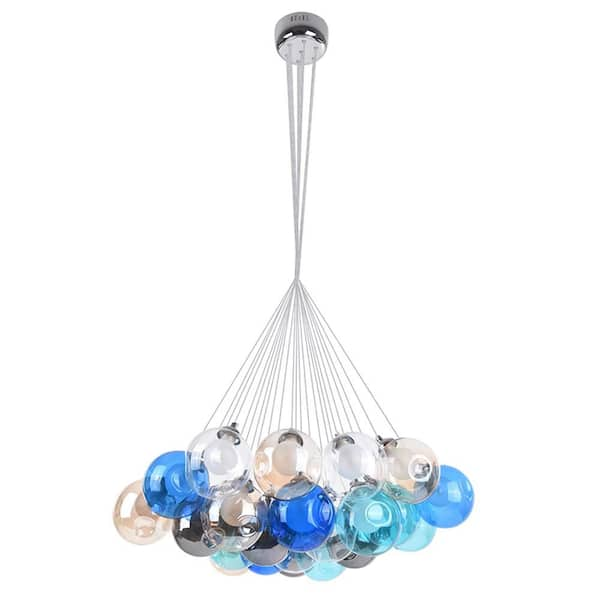 Degradado 25-Light 28.3 in. W Chrome Chandelier Cluster Pendant Light with Blue-Tone Unique Glass for Kids Room Holidays