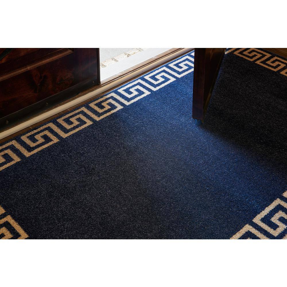 Navy Blue Geometric Border Rectangular Synthetic Rug