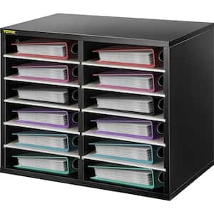 Wood Literature Organizer 16.1in. W x 12in. D x 20.4 in. H Black Wood 12-Compartments, Removable Bathroom Shelf in Black