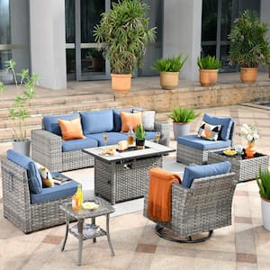 Tahoe Grey 9-Piece Wicker Patio Rectangle Fire Pit Conversation Sofa Set with a Swivel Chair and Denim Blue Cushions