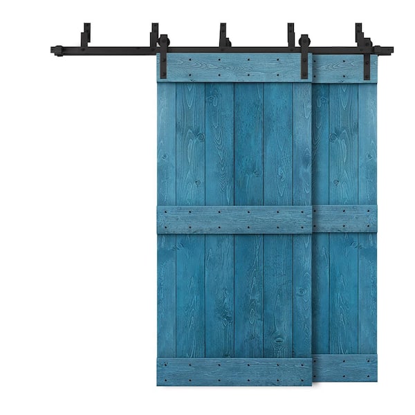 CALHOME 48 in. x 84 in. Mid-Bar Bypass Ocean Blue Stained Solid Pine Wood Interior Double Sliding Barn Door with Hardware Kit