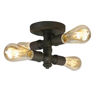 Wymer 8.5 in. W  x 8 in. H 4-Light Matte Bronze Industrial Semi-Flush Mount Light with Open Bulbs