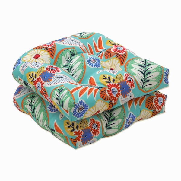 Pillow Perfect Floral 19 x 19 Outdoor Dining Chair Cushion in Blue/Orange/Multicolored (Set of 2)