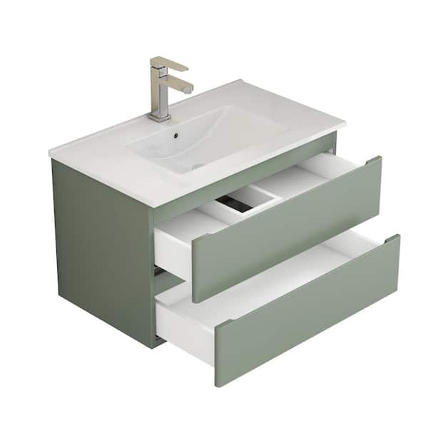32 in. Green Wood Rectangle Vessel Sink Bathroom Vanity Combo with Double Drawers