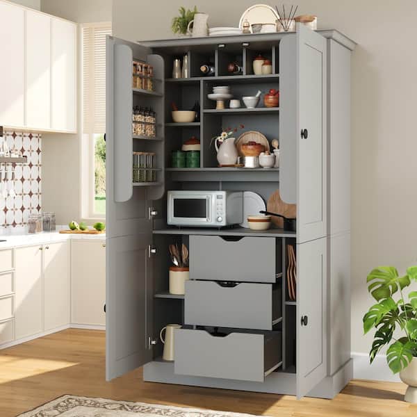 70.9 in. Grey Freestanding Kitchen Pantry Cabinet with 4 Doors, 3 Drawers, 6 Door Shelves and 6 Wine Racks