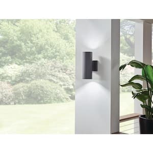 Independence 12 in. 1-Light Textured Black Outdoor Hardwired Wall Cylinder Sconce with Integrated LED (1-Pack)