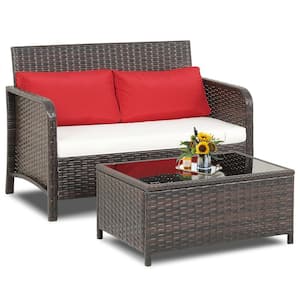 2-Piece Patio PE Wicker Rattan Loveseat Sofa Set with Coffee Table and Red and Off White Cushions