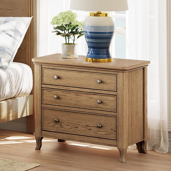 28 in. W Light Brown 3 Layers Storage Nightstand Solid Wood Bedside End Table with Metal Handles and Irregular Wood Legs