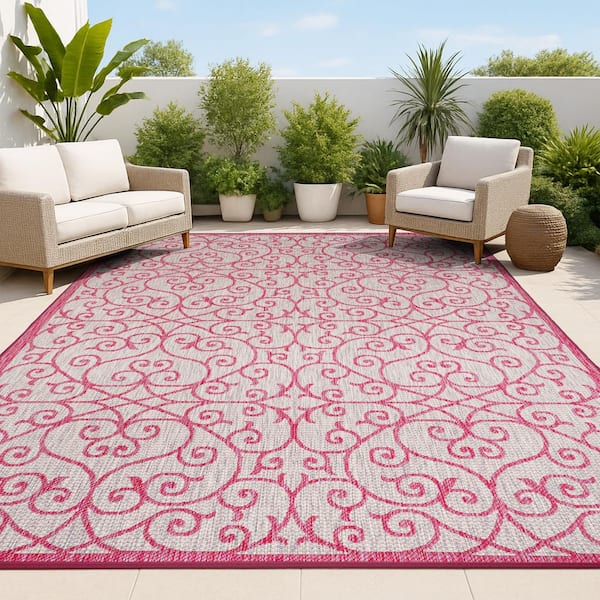 JONATHAN Y Madrid Vintage Filigree Textured Weave Light Gray/Fuchsia 9 ft. x 12 ft. Indoor/Outdoor Area Rug