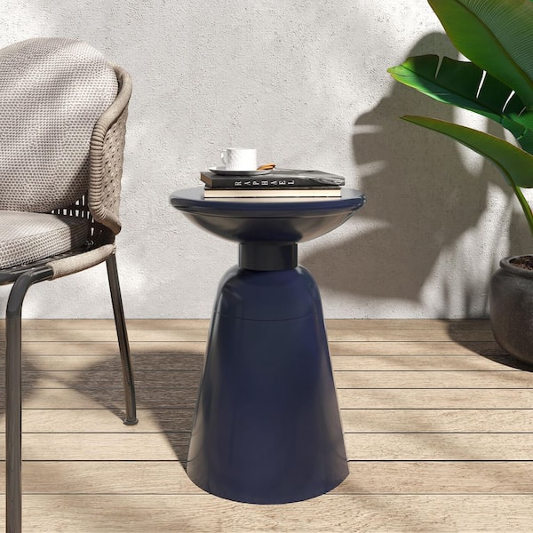 15 in. Navy Blue Round Pedestal Iron End Table, Modern Accent Side Table for Living Room, Bedroom, Outdoor or Indoor