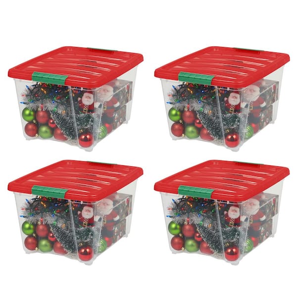 IRIS 32 qt. Holiday Storage Buckled Clear Box, Clear Body with Red