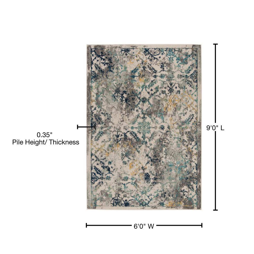 Elysian Ivory & Blue Boho Chic Distressed Area Rug - 6' x 9'