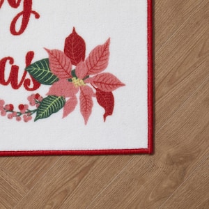 Merry Christmas White/Red 2 ft. x 3 ft. Poinsettias Polyester Rectangle Indoor Scatter Rug