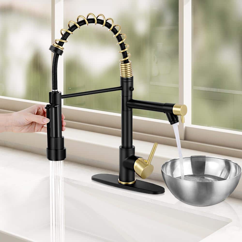 Matte Black and Gold Stainless Steel Pull Down Kitchen Faucet