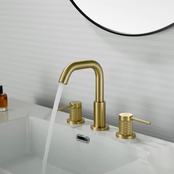 8 in. Widespread Double Handle 3 Hole Bathroom Faucet with 180° Swivel Spout in Brushed Gold