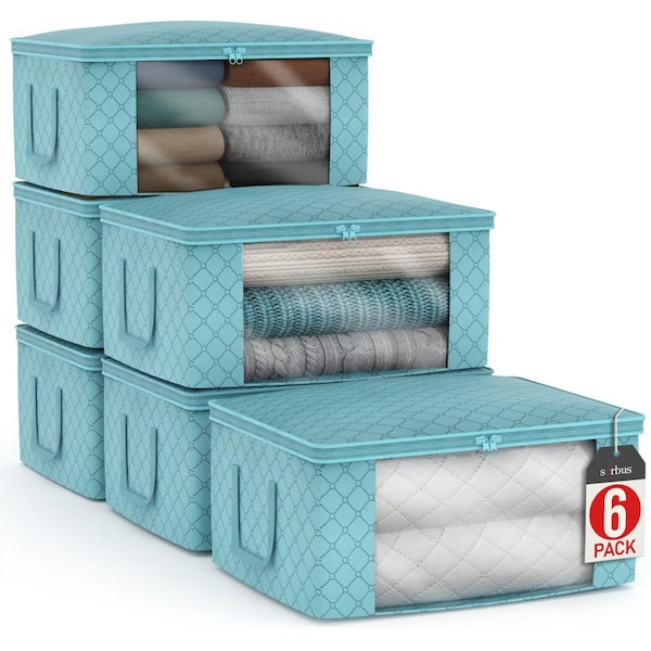 Foldable Storage Bag Organizers with Clear Window and Handles, Blue 19 in. x 7.5 in. Fabric Decorative Box  Set of 6