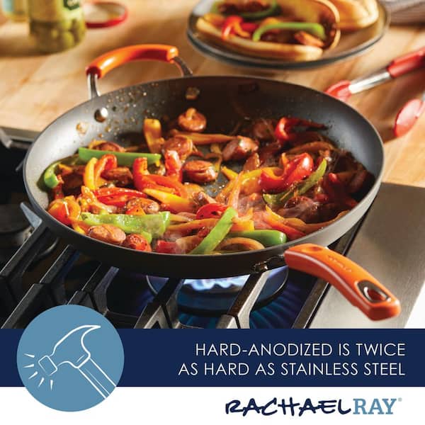 Rachael Ray Classic Brights 14 in. Hard-Anodized Aluminum Nonstick Skillet in Orange and Gray