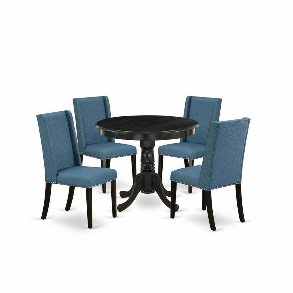 Mineral Blue Linen & Wirebrushed Black Solid Rubberwood 5-Piece Dining Set