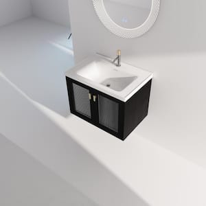 28 in. W Single Sink Wall Mounted Bath Vanity in Black with White Ceramic Top