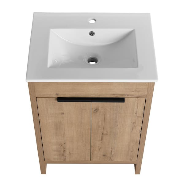 Unbranded High Quality 24 in. W x 18 in. D x 34 in. H Single Sink Freestanding Bath Vanity in Imitative Oak White Ceramic Top