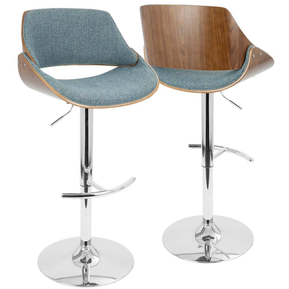 Contemporary Walnut & Blue Swivel Adjustable Barstool