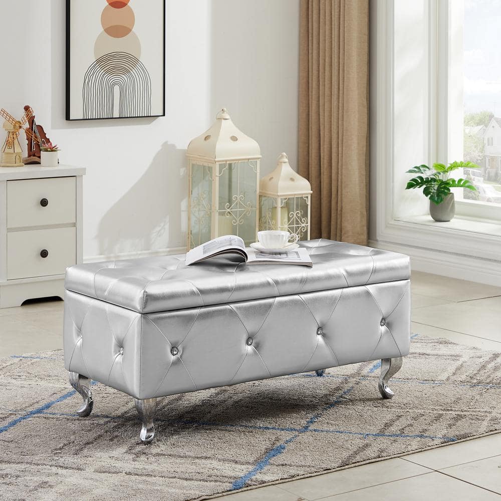 Sliver 38.2 in. Leather Upholstered Bedroom Bench Flip Top Storage Ottoman 