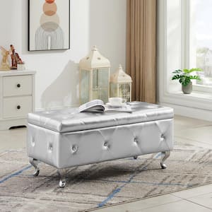 Sliver 38.2 in. Leather Upholstered Bedroom Bench Flip Top Storage Ottoman Bench with Button Safety Hinge And Metal Legs