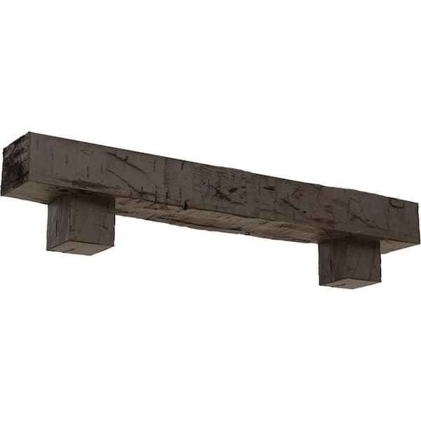 Ekena Millwork 4 in. x 6 in. x 5 ft. Hand Hewn Faux Wood Fireplace Mantel Kit with Alamo Corbels, Natural Honey Dew