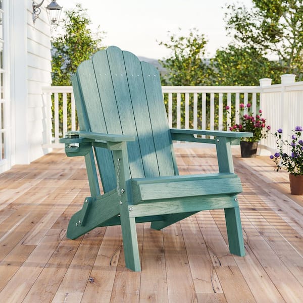 Lake Blue Plastic Foldable Adirondack Chair with Cup Holder, HDPE Lawn Chair, 350 lbs.