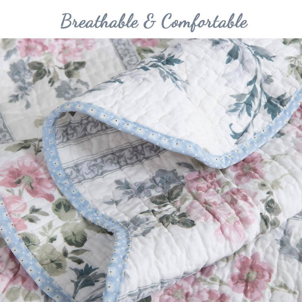 Blue Floral Cotton Reversible King Quilt Set