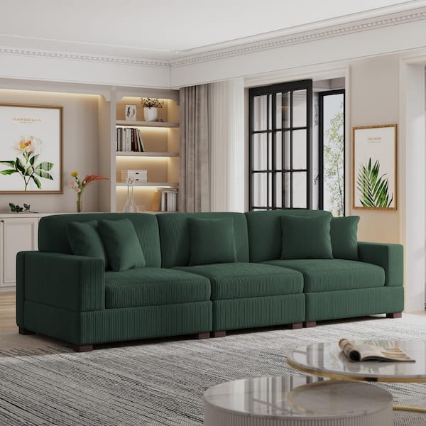 117 in. Square Arm 3-Piece Corduroy Upholstered 3-Seats Sectional Sofa in Hunter Green with 5-Pillows