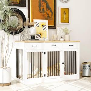 Heavy-Duty Dog Kennels Crate Storage Cabinet, Decorative Large Dog House Furniture Dog Cage with 3-Drawers, White