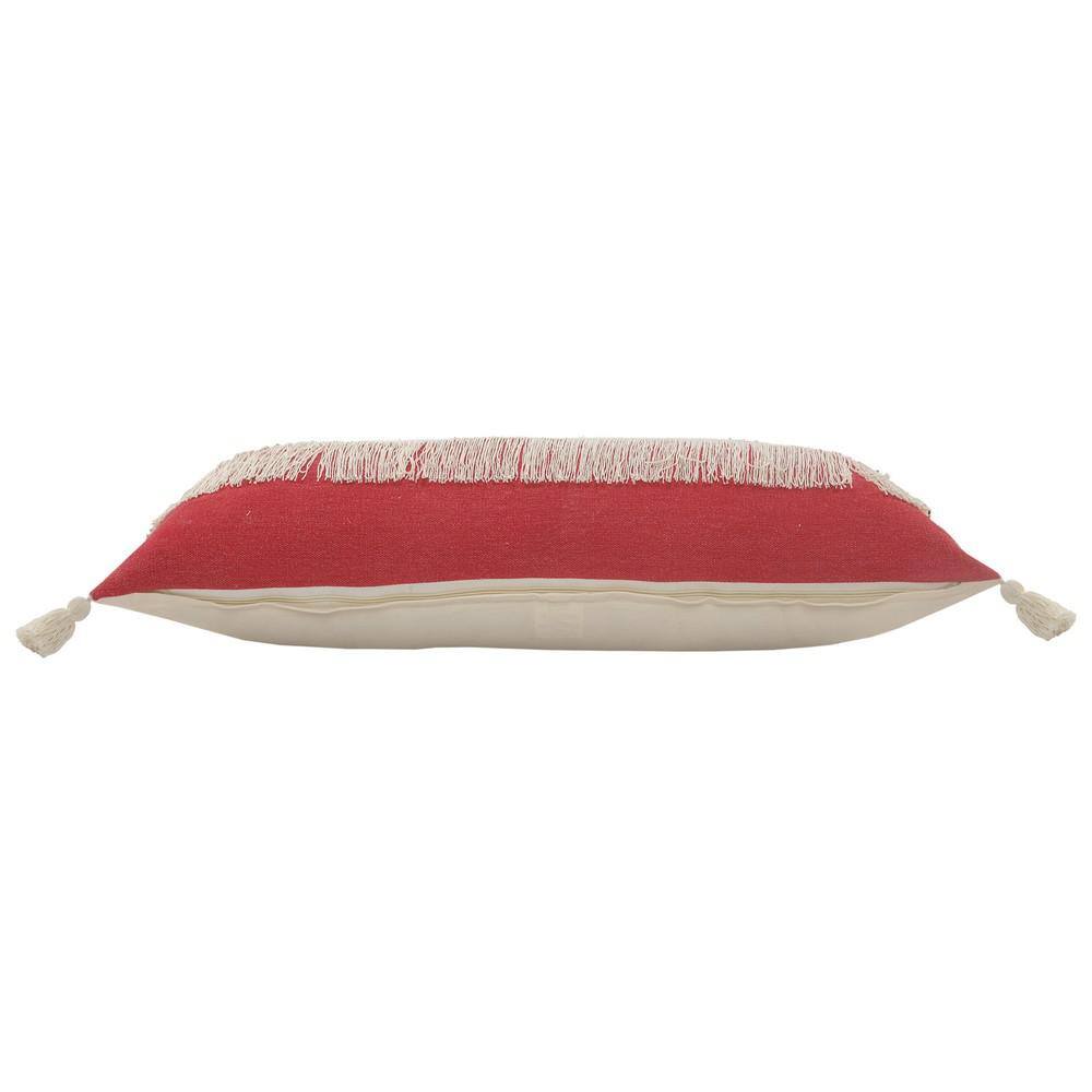 Raspberry Red and Off-White Cotton Lumbar Throw Pillow, 14" x 36"