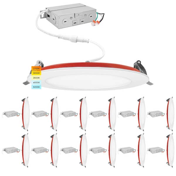 LUXRITE 6 in. Ultra Thin Canless Integrated LED Fire Rated Recessed Light 5CCT New Construction 1100-Lumens Dimmable 12-Pack