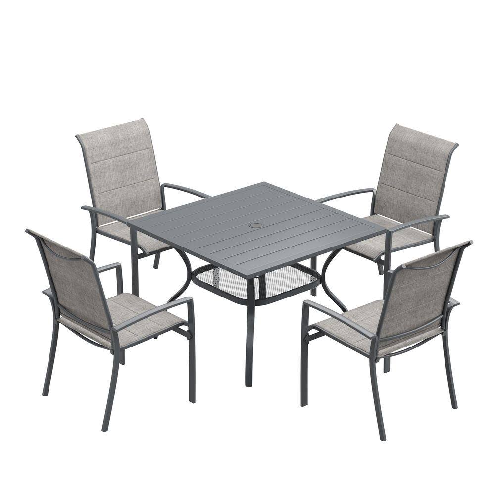 5-Piece Patio Dining Set with Dark Grey Square Table, Curved Legs, Umbrella Hole, and 4-Grey Stackable Armrest Chairs price history on PriceWatchPro