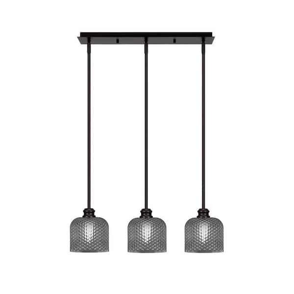Unbranded Albany 60-Watt 3-Light Espresso Linear Pendant Light with Smoke Textured Glass Shades and No Bulbs Included