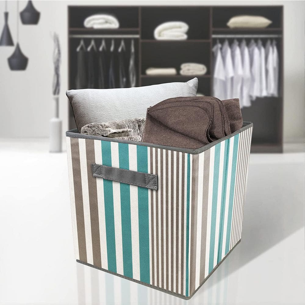 Aqua and Gray Striped Collapsible Fabric Storage Cubes - 6 Pack